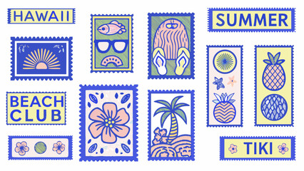 colorful hawaiian postage stamps collection with tropical motifs and serrated edges vector illustration high quality professional detailed modern © Bikas