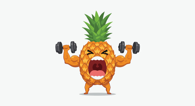 Fun cartoon pineapple character with muscular arms is shown shouting while lifting heavy grey dumbbells to demonstrate fitness.