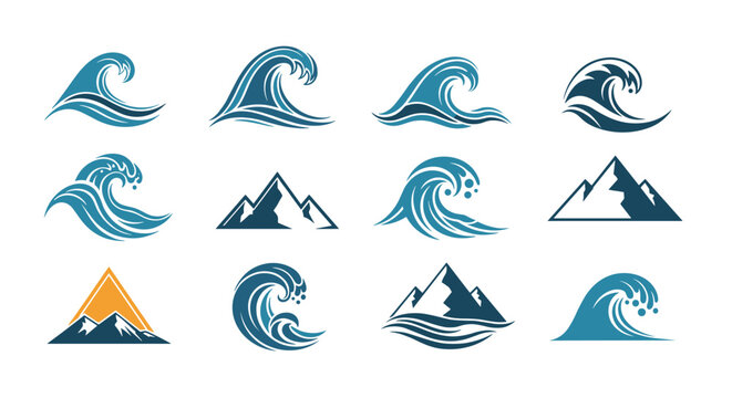 Selection of graphic design elements features various stylized ocean wave icons and jagged mountain peak symbols in shades of blue.