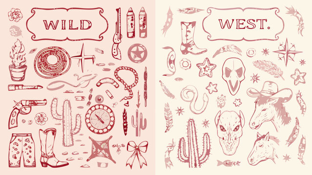 Hand drawn western themed illustrations with cowboy hats boots cacti and skull sketches in pink high quality professional