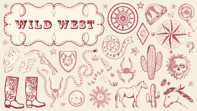 Vintage wild west themed illustration with cowboy boots skull cactus lasso and decorative elements high quality professional detailed