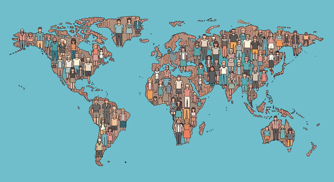 A collage of people around the world map.