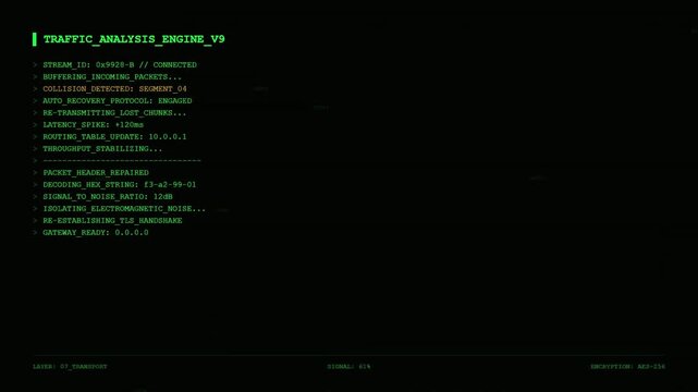 Futuristic Traffic Analysis Engine HUD with Green Progress Bars Glitch Digital Network Data Stream and Cybersecurity Protocol Monitoring Interface.