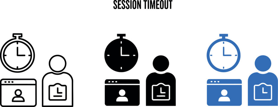 Session Timeout Icon Set with Stopwatch, User, and Webpage Symbols in Line and Color Styles