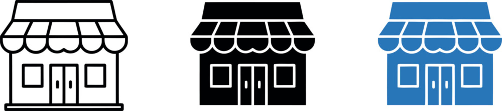Vector shop icon set with storefront illustrations in black, white, and blue for business branding and web design
