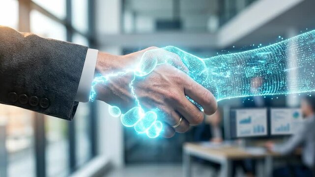 A fusion of human and technology, with a handshake symbolizing the essence of modern business partnerships, depicting a high-tech collaboration.