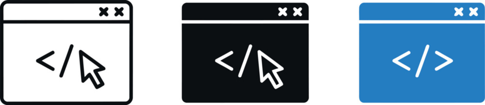 Web Development Icon Set with Code Symbol in Flat, Glyph, and Color Styles for UI and App Design