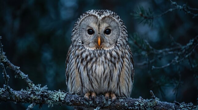 Ural owl perched on a frostcovered branch in a dark forest