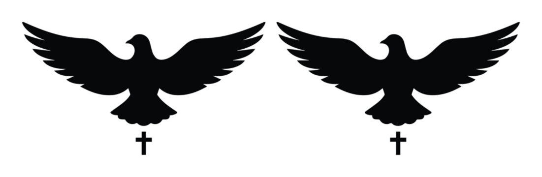 Religious dove silhouette with christian cross, holy spirit bird icon set, black pigeon flying with crucifix symbol, spiritual peace vector illustration
