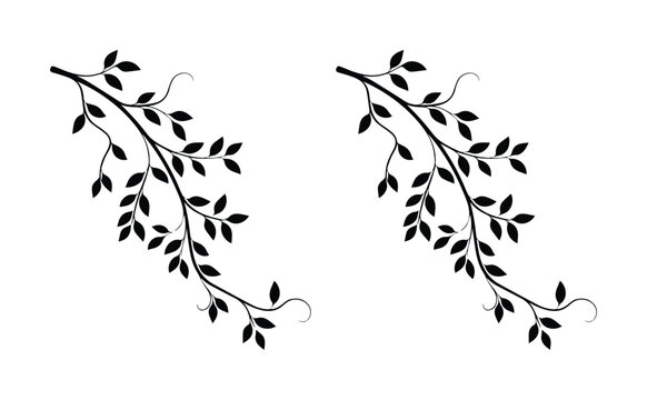 Elegant black leaf branch silhouettes, decorative floral vine vector elements, minimalist botanical foliage illustrations for wedding invitations