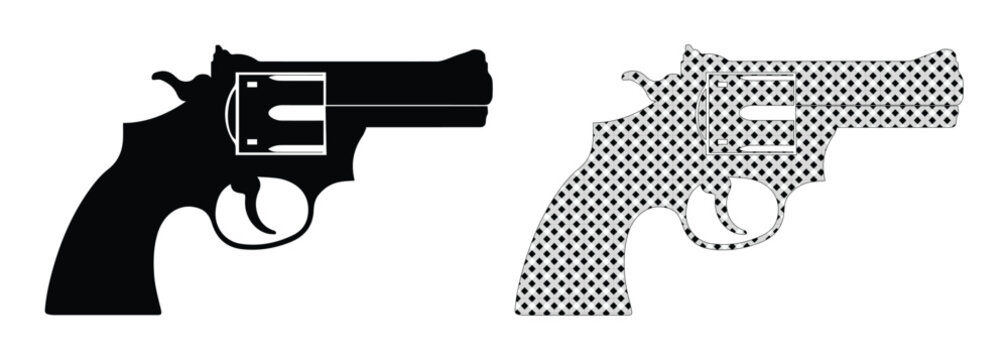 Revolver handgun vector silhouette, black pistol icon and halftone pattern firearm, 2 handgun elements for security and defense graphics