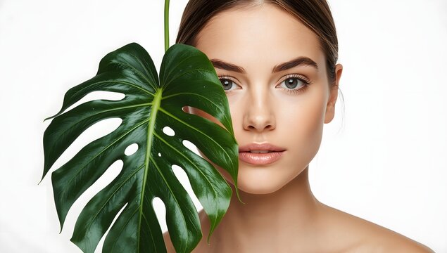 Monstera, portrait or woman with plant for beauty on white background with herbs, shine or glow.