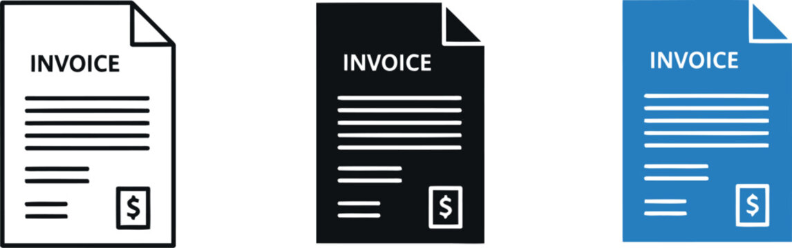 Invoice document icon set in black, white, and blue for business finance and accounting applications
