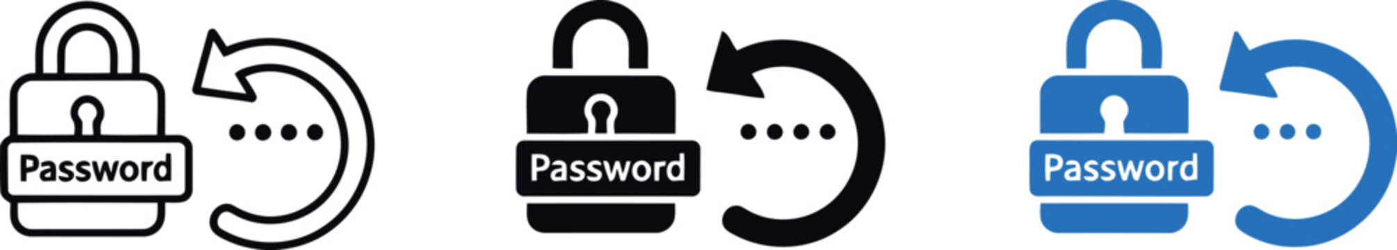 Password reset icon set with padlock and arrow in outline, solid, and blue color styles for security UI