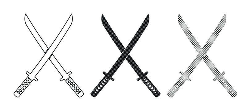 Japanese katana sword vector set, crossed samurai blades in black and white line art, traditional martial arts weapon icons for gaming and logo design