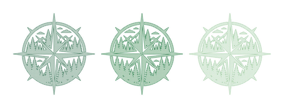 Vintage compass rose mountain landscape icons, set of 3 green adventure travel emblems, outdoor exploration nature vector symbols for camping