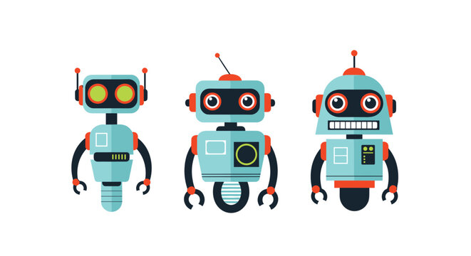 Trio of adorable toy robots in different designs and sizes with colorful details and friendly faces for children's technology themes.