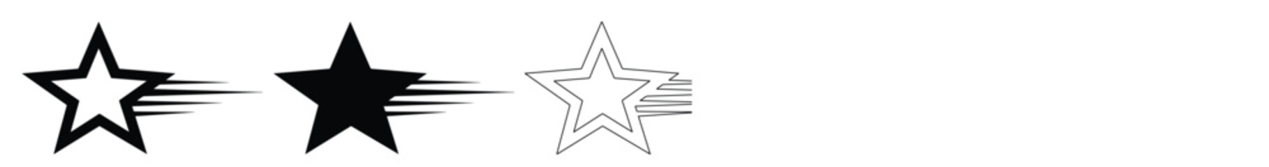 Minimalist shooting star icons set, black and white celestial symbols with motion trails, 3 vector star elements for rating and UI design © Asma