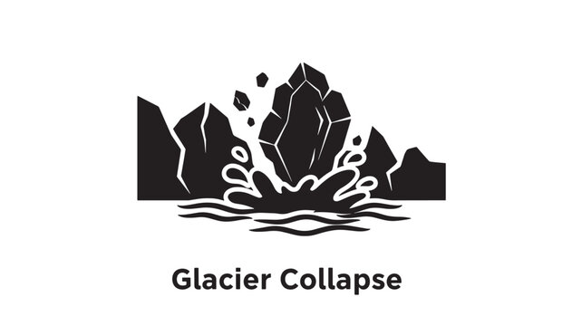 Glacier Collapse Icon, Minimalist Vector Illustration of Calving Ice depicting a large chunk of a glacier breaking off and crashing into the ocean