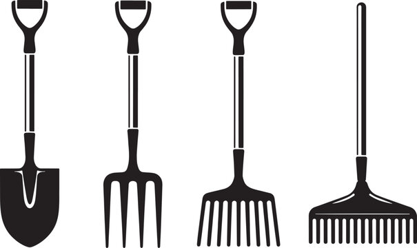 Black and white silhouette of garden tools including shovel pitchfork and rake gardening