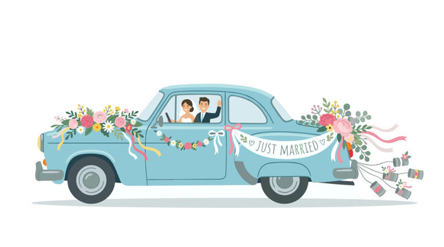 Newlyweds waving from decorated blue wedding car with 'Just Married' banner