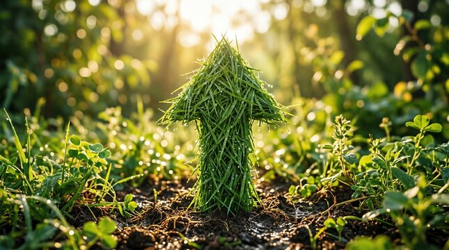 Green grass arrow growing upwards in sunny natural environment with progress environment positive direction increase