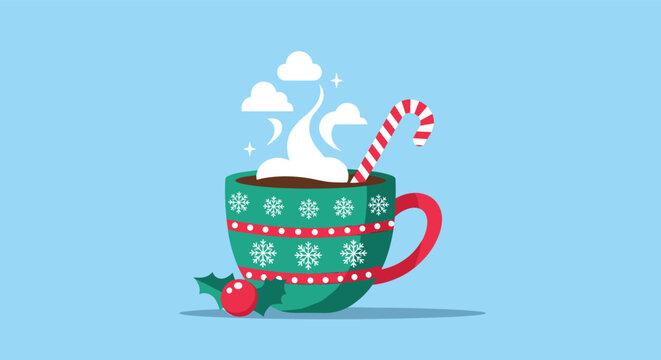 Cozy green holiday mug decorated with white snowflakes and steam rising contains a candy cane and a sprig of holly with a red berry nearby.