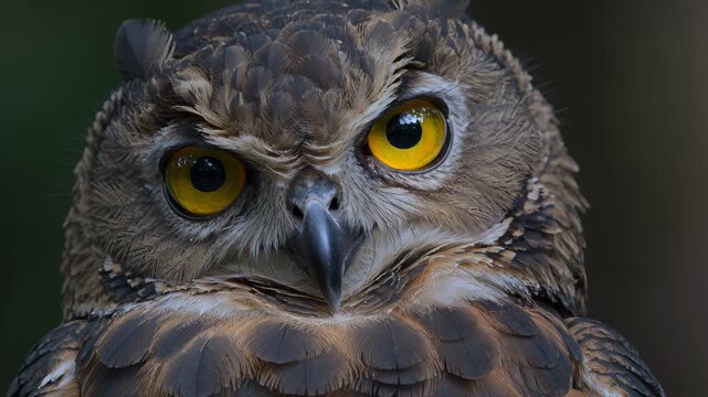 Close up portrait of a great horned owl looking directly at the camera