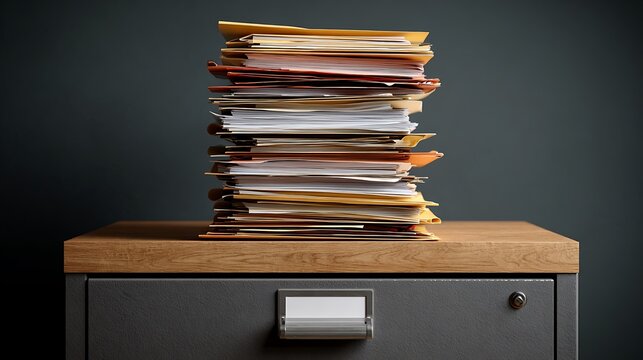 A tall stack of assorted paper documents and folders sits precariously on top of a metal filing cabinet drawer, suggesting disorganization or heavy workload