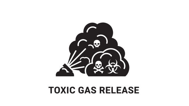 Black and white vector icon depicting toxic gas release with three skulls and rising smoke against a plain background.