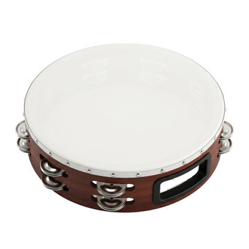 Tambourine Musical Instrument with White Head and Wooden Frame, Isolated