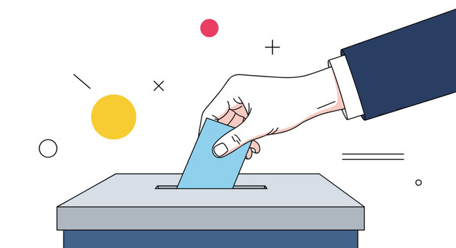 Person wearing a suit casting a vote by placing a blue ballot into a grey voting box for election and democracy conceptual designs.
