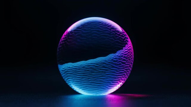 Neon Liquid Sphere with Smooth Flowing Waves Inside Reflective Glass Material Vibrant Gradient Abstract Background
