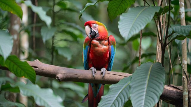 Colorful Scarlet Macaw Perched on a Branch in the Lush Tropical Jungle