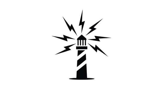 Silhouette of a tall striped lighthouse with powerful lightning bolts radiating from the lantern room for a dramatic coastal scene.