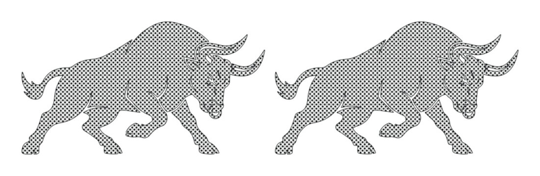Powerful bull mascot vector illustration, charging grey bull silhouette set, strong male ox animal graphics for sports logos and finance branding