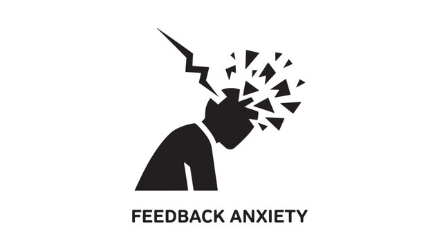 Minimalist black and white vector illustration of a head profile with shattered glass pieces symbolizing feedback anxiety and stress.