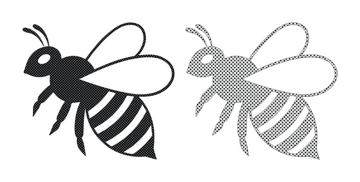 Minimalist honey bee vector icons, black silhouette and halftone bumblebee graphics, flying insect logo elements for organic honey packaging