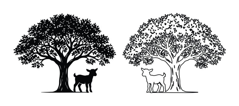 Vintage oak tree and goat silhouette vector, rustic farm animal under large leafy tree, hand drawn nature illustration in black and white