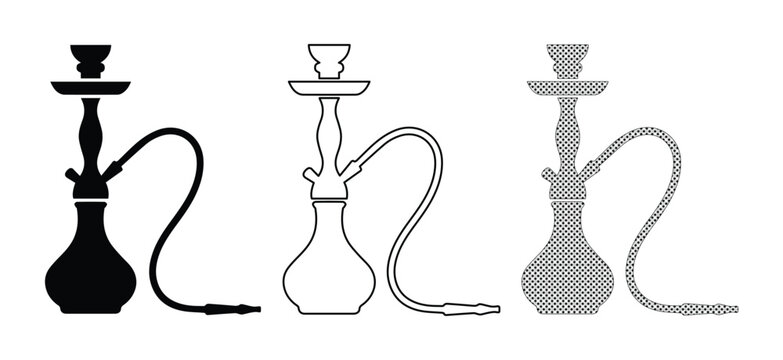 Hookah shisha silhouette icons set, traditional oriental water pipe vector collection, black and grey smoking equipment symbols for lounge bar menus