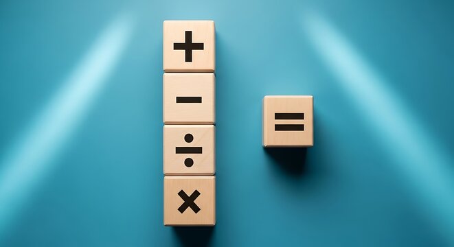 Wooden blocks with mathematical symbols on blue background