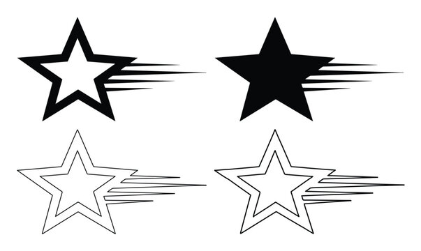 Shooting star vector icons set, black celestial speed symbols with motion lines, fast moving star silhouettes for sports and achievement logos
