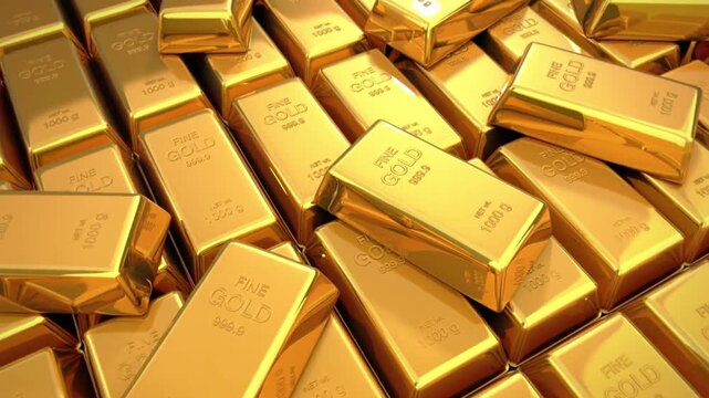 A captivating 3d animation of a pile of glistening gold bars, creating an abstract, looping scene perfect for 3d video productions, conveying wealth and value