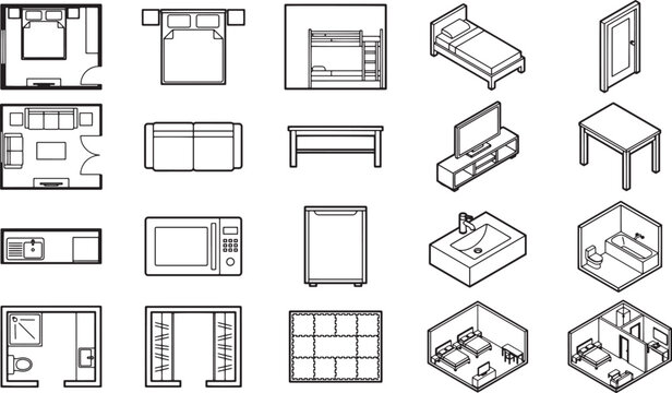 Elevating interior design with a set of minimalist furniture icons, perfect for architectural plans and illustrative layouts, these concise graphics elegantly represent essential home decor elements.