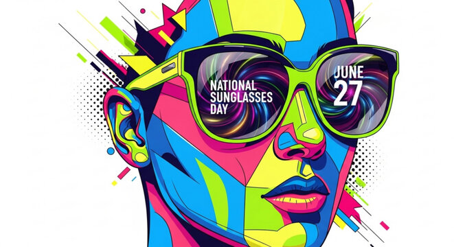 Stylish woman wearing vibrant sunglasses celebrating national sunglasses day on june 27 with colorful abstract design