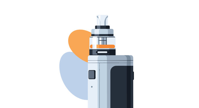 Electronic cigarette or vape device shown against abstract orange and blue shapes for modern smoking alternative product displays.