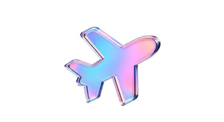 Fototapeta premium Holographic iridescent airplane icon isolated on transparent background for travel concepts