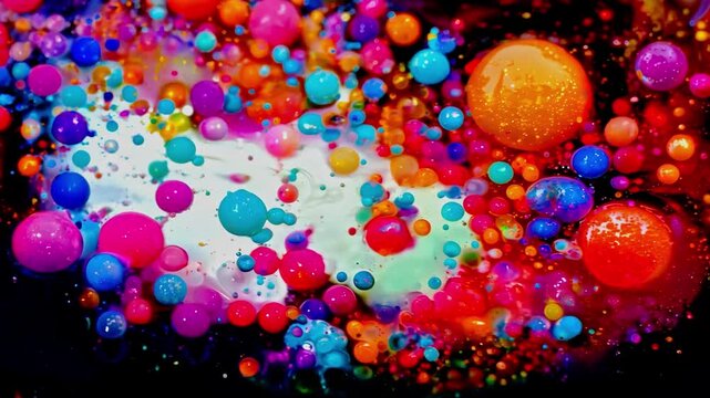 Vibrant 3d animation abstract liquid spheres in a mesmerizing loop, showcasing dynamic color bursts with subtle gold accents for compelling 3d video