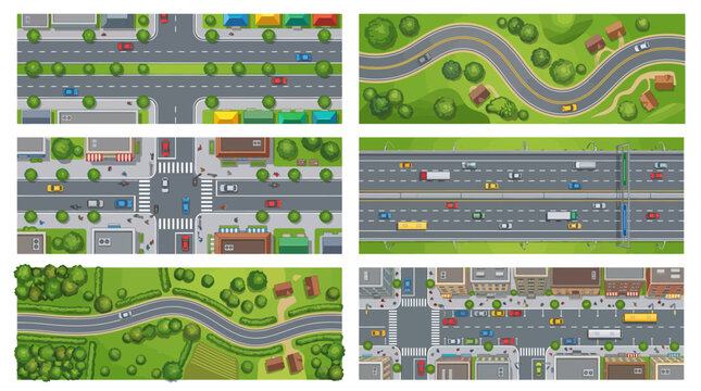 Top View City Map Road Set with Urban Streets, Highway Traffic, Rural Winding Roads, and Pedestrian Intersections in Vector Illustration for Urban Planning