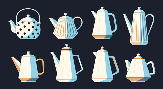 Selection of elegant white teapots and coffee carafes in various geometric styles for kitchenware and beverage service collections.
